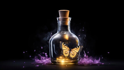 illustration of a glass bubble with magic pollen and a butterfly flying nearby. a yellow butterfly flutters near a bottle with a magic potion