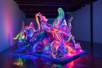 A dynamic and colorful modern art sculpture illuminated by neon lights, creating a surreal and mesmerizing effect in an art gallery