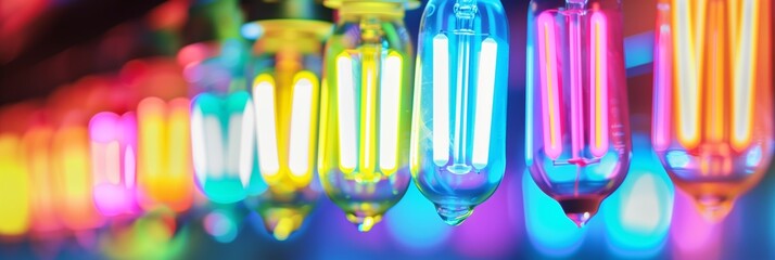 Vibrant image showcasing a variety of illuminated light bulbs in multiple colors, representing innovation and inspiration - obrazy, fototapety, plakaty