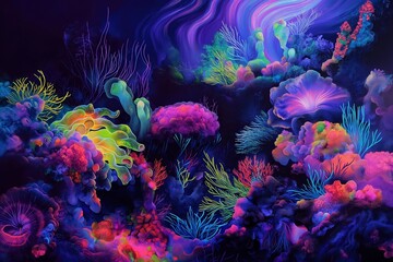 Vivid, psychedelic colors depict a fantastical underwater coral reef scene with flora and marine life
