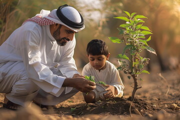 arabian father and his son planting a tree outdoors