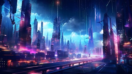 Night city panorama with fog and light effects. 3d rendering