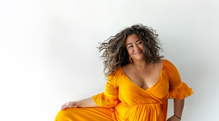 40s fat woman in a yellow dress is smiling and posing. wearing a yellow dress isolated on white 