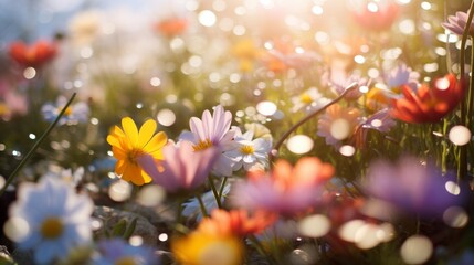 Warm sunlight of a spring meadow where colorful petals sway