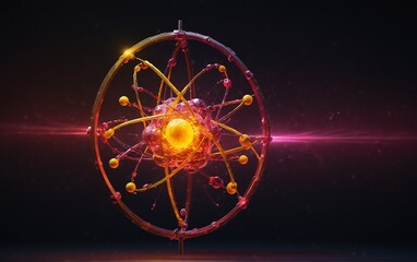 Nuclear energy science concept. Abstract low poly atom circle model with vivid glowing yellow-red-pink light color in the center. Atom icon as energy orbit. Molecule symbol on dark background. Vector,