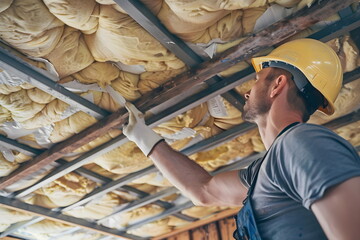 A construction worker installing roof insulation to a house from inside