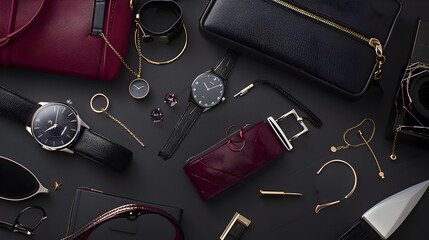 A close-up of elegant accessories like watches, jewelry, or handbags.


