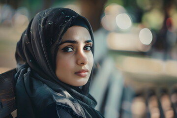 portrait of young sad woman sitting on a bench in a park