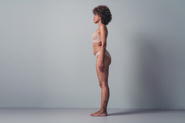 Profile side photo no retouch of girl wear lingerie feel confident about stomach body imperfection - obrazy, fototapety, plakaty