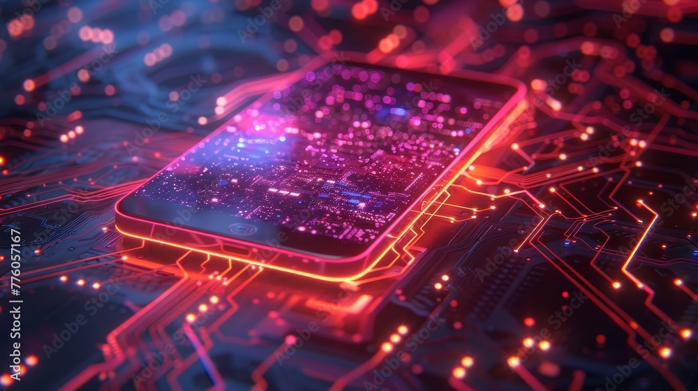 Aufkleber Technology isometric concept. Phone communication with internet services all over the world. Artificial intelligence, big data, cloud computing, neural networks in smartphones. Phone apps. Digital