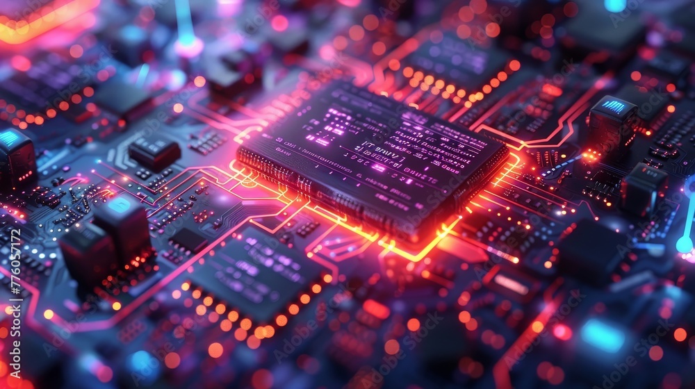 Poster IT business technology. An isometric illustration of a laptop with software code visible on the screen, internet communication with servers, a digital cloud, hardware devices.