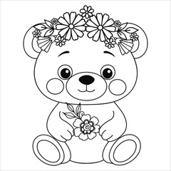 Cute bear with flower wreath and heart. Animal Teddy kawaii character. Line drawing, coloring book. Kids collection. Vector illustration
