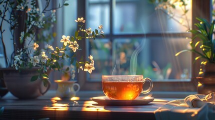 Herbal tea relief depicted in soothing 3D animation, highlighting its benefits in a cozy setting - obrazy, fototapety, plakaty