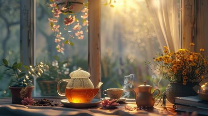 Herbal tea relief depicted in soothing 3D animation, highlighting its benefits in a cozy setting - obrazy, fototapety, plakaty