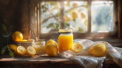 Freshly made lemonade in a jar on a rustic wooden table by the window
