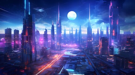 3D illustration of a futuristic city at night with neon lights.