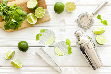 Bartenders tools blender with mint and lime for refreshing cocktail mojito, top view
