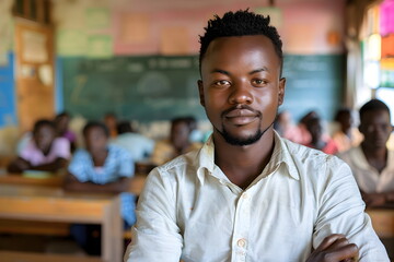 Obraz premium Portrait of a young male teacher standing in a classroom at school