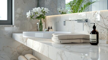 Close-Up of Marble Bathroom Countertop in Beautiful House Design