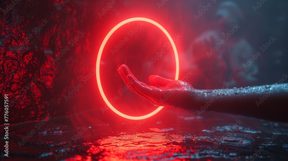 Poster an abstract circle light hangs over palm of scientist in a futuristic round red neon frame. template