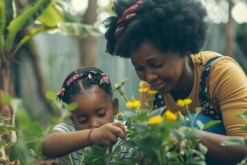 Mother and daughter planting flowers in a garden outdoors