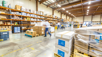 Warenlager mit gut organisierten Regalen und Stapeln von Kartons und Paletten. Mitarbeiter sind dabei, Waren zu kommissionieren, zu verpacken und für den Versand vorzubereiten. Gabelstapler und andere
