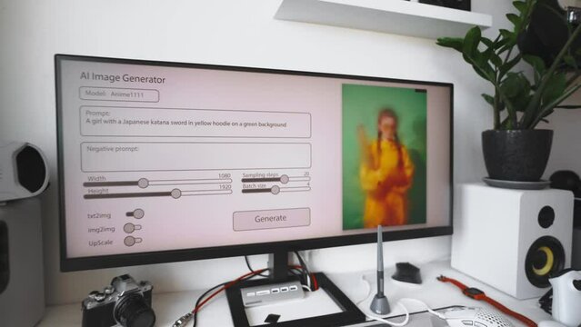 The artificial intelligence program generates an image according to a given prompt on a large monitor of a home computer. The chair is empty. Concept: AI replaces human creative work.