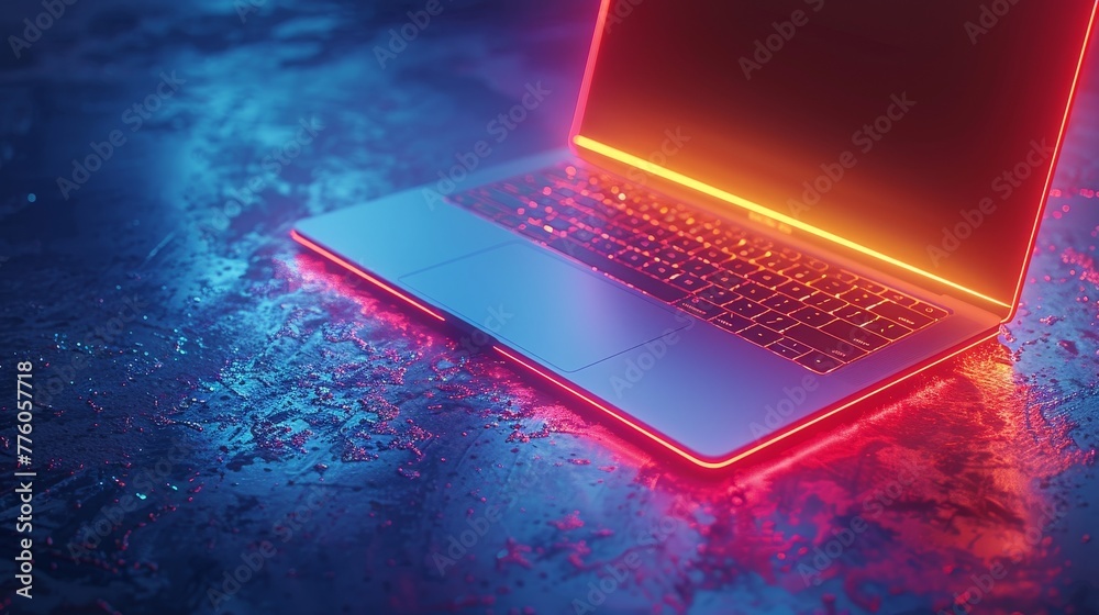 Aufkleber Computer technology concept illustration. Angled top view of the electronic device with its screen shining. Rotated laptop balances on corner. Keyboard view on laptop on blue background. Computer