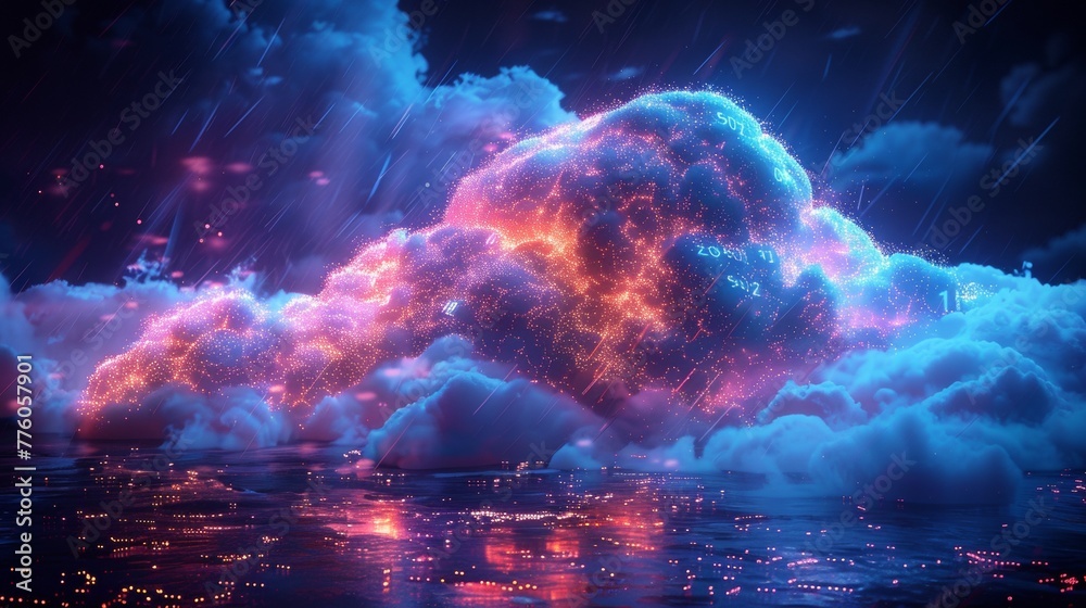 Fototapete Cloud computing concept. Digital data storage in shapes like a cloud along with neon lines. Computer network connects to cloud storage or data center, exchanging data.