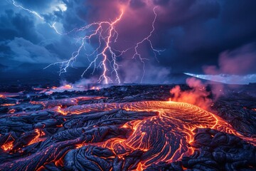 Lightning storm above a lava flow, with electric flashes contrasting against the glowing red magma, a scene of elemental fury