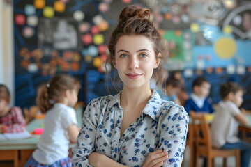 Portrait of a young teacher woman standing in a classroom at school