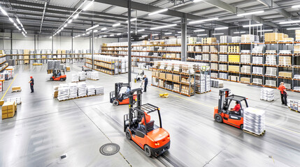 Warenlager mit gut organisierten Regalen und Stapeln von Kartons und Paletten. Mitarbeiter sind dabei, Waren zu kommissionieren, zu verpacken und für den Versand vorzubereiten. Gabelstapler und andere