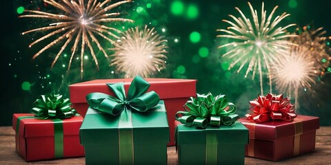 Gift boxes and fireworks on green bokeh background. Merry Christmas and Happy New Year