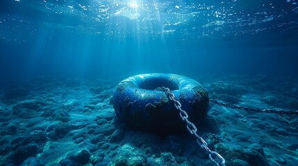 This image depicts a ship buoy on water surface. The buoy is chained to the sea floor. Underwater, it shows a marine landscape with a clear sky, sun rays, and horizon line. A nautical navigation - obrazy, fototapety, plakaty