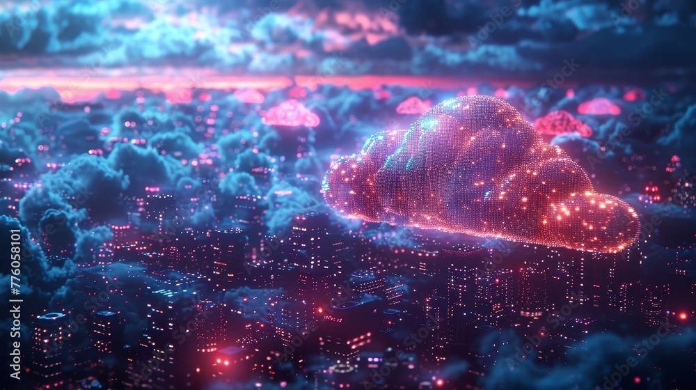 Poster An Internet of Things concept for a smart city. Smart city wireless internet communication with cloud storage and cloud services. Data being downloaded and uploaded to a server. Digital cloud over a