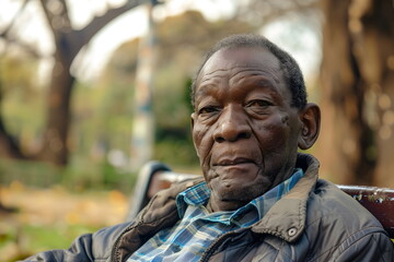 portrait of sad old man sitting on a bench in a park