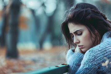 portrait of young sad woman sitting on a bench in a park