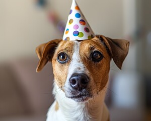 Joyful Pet Dog Celebrating Birthday with Colorful Party Hat Copy Space