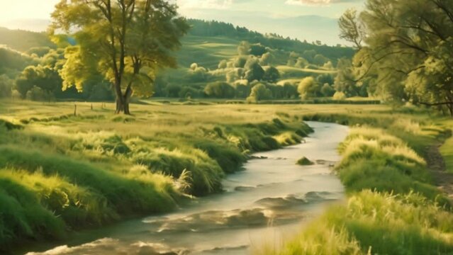 video view in the countryside with a river flowing by the road