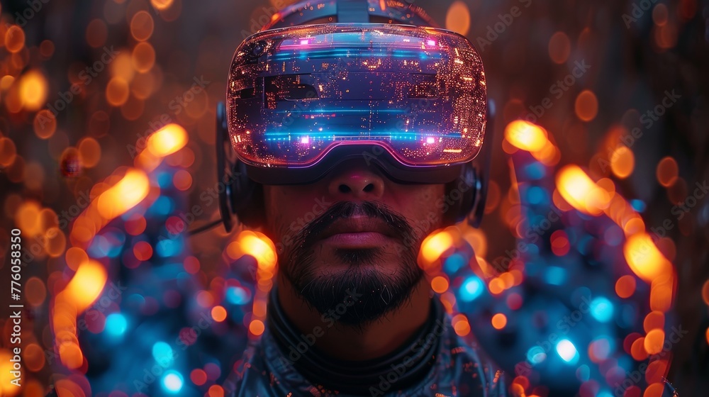 Poster vr ar 3d futuristic headset with a virtual reality (vr) simulation of the metaverse in a cyberpunk s