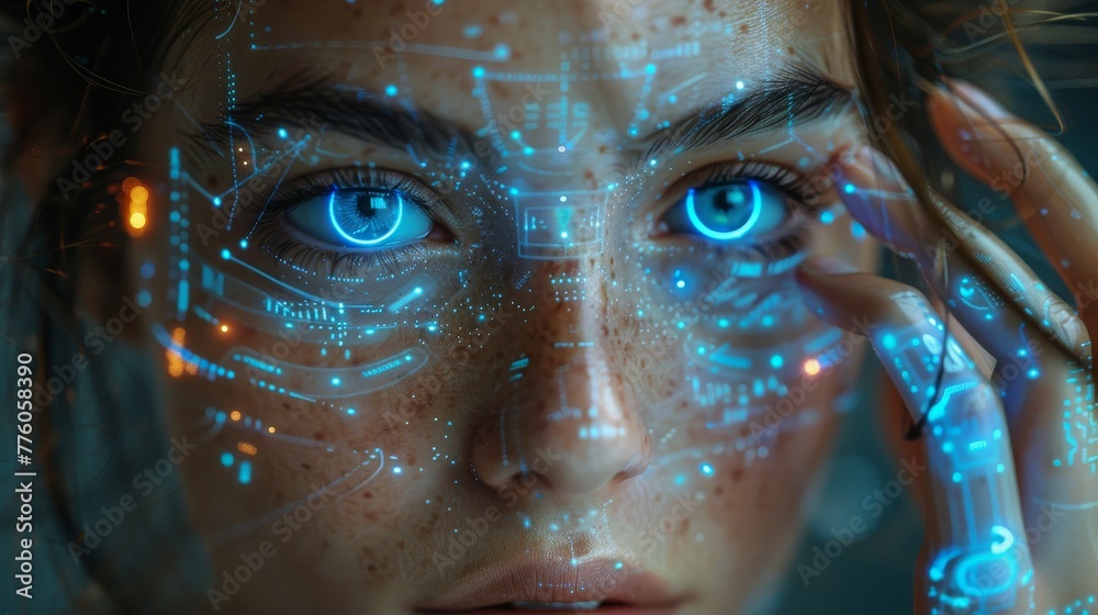 Aufkleber Animated anthropomorphic image of a robot woman working with a 3-D holographic interface. Anthropomorphic image of a robot woman with a beautiful face and a cute robotic arm pressing buttons.