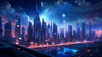 Futuristic city at night. Panoramic view of the modern city at night