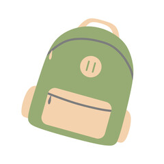 Green backpack in Simple Cartoon style Isolated on white background. School Satchel, Travel rucksack. Vector Flat Illustration of Accessory, Sport bag, Student pack with Pockets and Zipper.