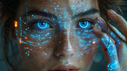Animated anthropomorphic image of a robot woman working with a 3-D holographic interface. Anthropomorphic image of a robot woman with a beautiful face and a cute robotic arm pressing buttons. - obrazy, fototapety, plakaty