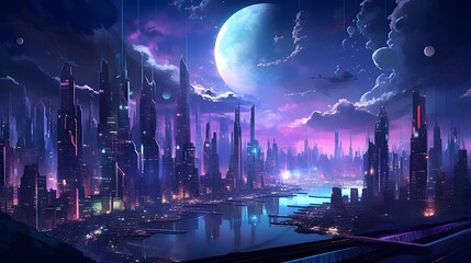 Futuristic city at night with moon and stars. 3d rendering