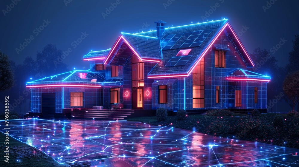 Sticker An IOT and cloud computing technology banner for smart homes. A home consists of digits connected to domestic smart devices through cloud storage. Digital control system of a smart house. IOT and