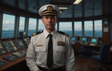 Obraz premium ship's highest responsible officer acting on behalf of the ship's owner (Master) or a person who is responsible for the maintenance of the vessels of a shipping line, very realistic, 8k quality, hyper