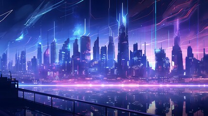Abstract futuristic city panorama with neon lights. Futuristic cityscape background. 3d rendering