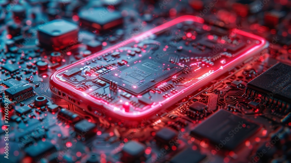 Poster Electronic chip and CPU in mobile phone hardware. Repair and maintenance. Disassembled components, inside case of smartphone processor. Development concept with technology.