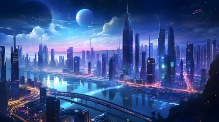 Night city panorama with skyscrapers and river. 3d rendering
